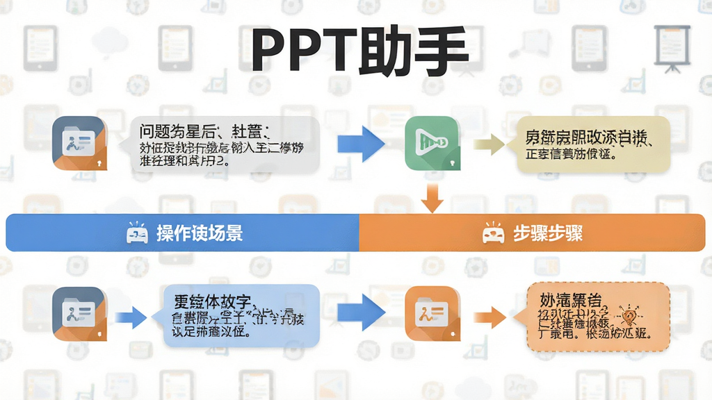 一张展示PPT助手使用技巧的图片,画面主体是软件名称“PPT助手”和操作步骤示意,布局采用上下结构,排版上方为问题场景下方为解决步骤,风格为扁平化信息图,细节包含图标、箭头和提示框,画质高清,画面干净,无多余元素。