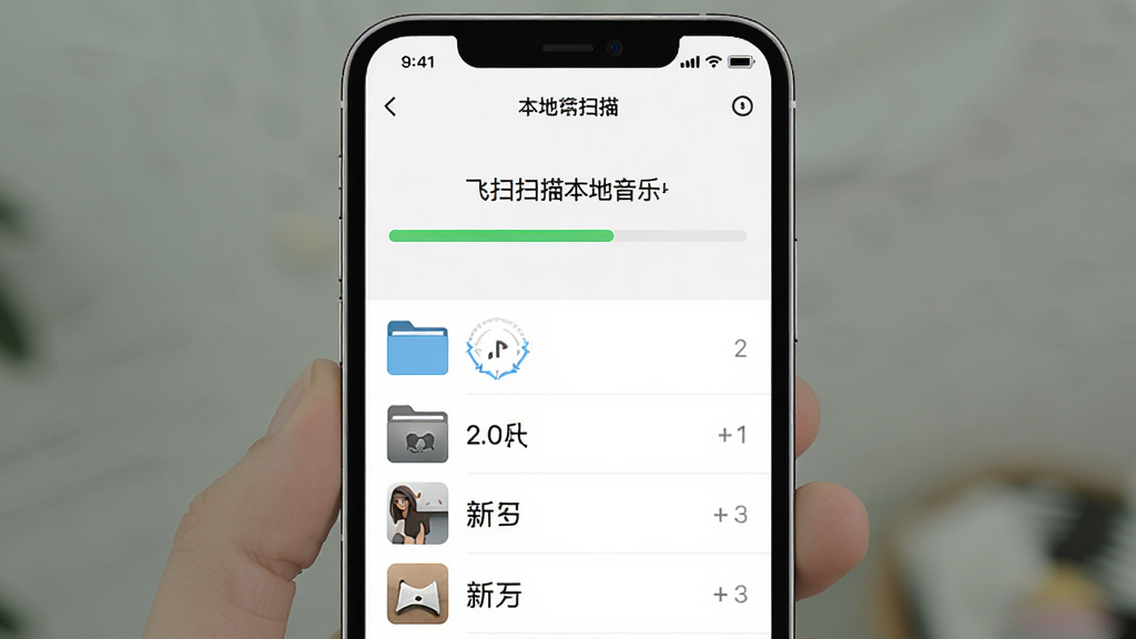 飞牛音乐本地音乐扫描功能展示,主体为手机屏幕显示扫描进度与分类列表,布局为上下结构,排版清晰,风格为简约扁平化,细节包含文件夹图标、歌曲数量统计、扫描动画,画质高清,干净,无多余元素