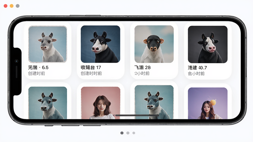 飞牛音乐播放列表管理界面展示,主体为手机屏幕显示多个歌单卡片,布局为网格排列,排版错落有致,风格为柔和圆角设计,细节包含歌单封面、歌曲数量、创建时间,画质高清,干净,无多余元素