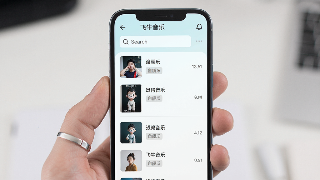 飞牛音乐在线搜索界面展示,主体为手机屏幕显示搜索框与歌曲结果列表,布局为纵向列表,排版整齐,风格为清新浅色系,细节包含搜索图标、歌曲时长、音质标签,画质高清,干净,无多余元素