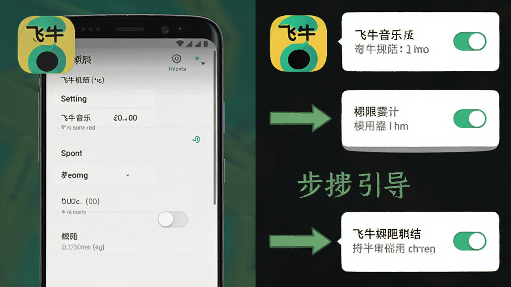 飞牛音乐安卓手机权限设置操作示意图,主体为手机设置界面与飞牛音乐图标,布局为左右分栏,排版为步骤引导式,风格为扁平化教程风格,细节包含权限开关、箭头指示、文字标注,画质高清,干净,无多余元素