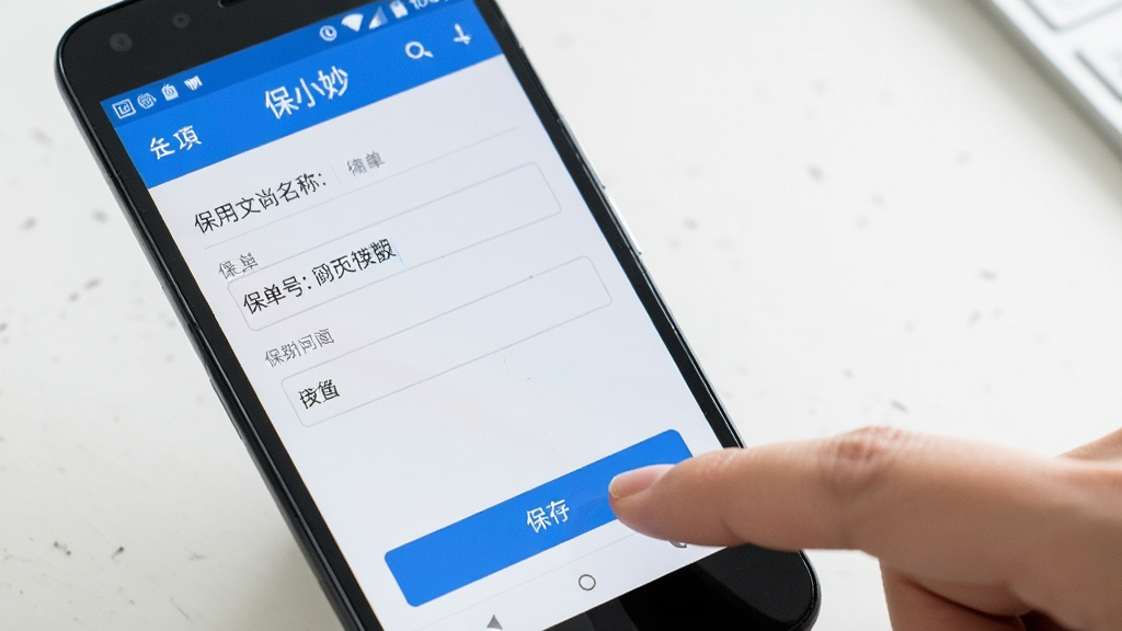 一部安卓手机屏幕显示保小妙应用的保单添加页面,表单中已填写保险公司名称和保单号,旁边有一只手正在点击保存按钮,画面明亮清晰,UI界面风格写实,背景简洁,无杂乱元素,高清画质