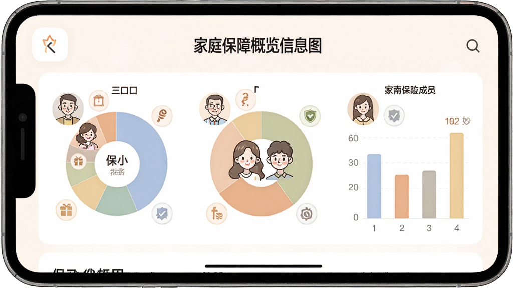一张家庭保障概览信息图,画面以保小妙应用界面为背景,展示一个三口之家的保障分布饼状图和柱状图,每位家庭成员的头像旁标注着不同的保险类型图标,配色柔和温馨,信息图表风格,布局清晰,干净整洁,高清画质