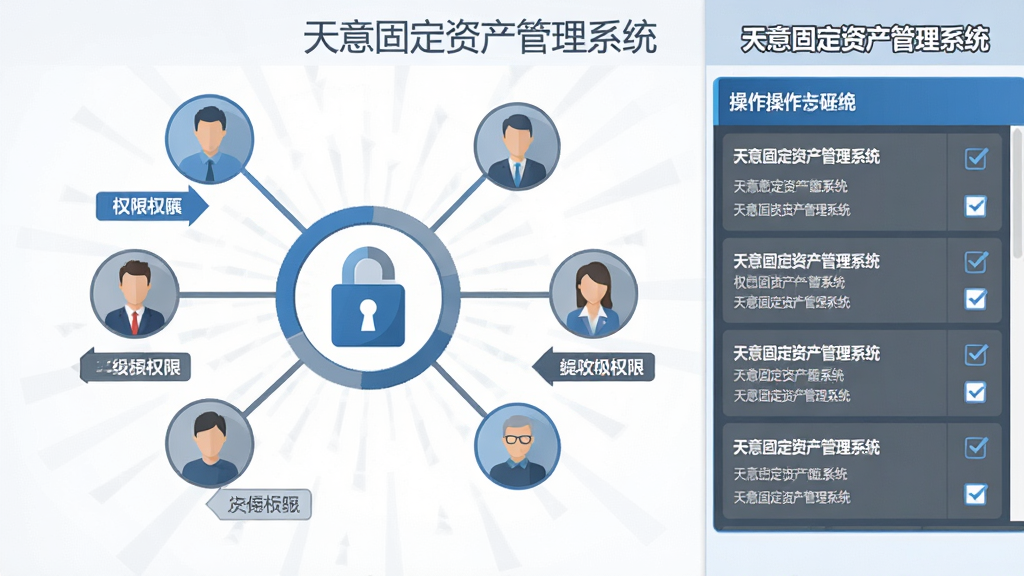 一幅展示天意固定资产管理系统权限分级与操作留痕功能的示意图,画面以锁形图标为中心,周围分布多个用户角色头像图标,每个角色连接不同权限标签,右侧显示操作日志列表,整体布局呈放射状,采用蓝灰配色,扁平化设计风格,细节包含日志条目与权限勾选框,高清画质,画面干净整洁,带有“天意固定资产管理系统”文字
