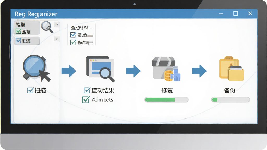 Reg Organizer 操作步骤示意图,画面展示电脑屏幕上软件的操作流程,从左到右依次为扫描、查看结果、修复、备份四个步骤,每个步骤用图标和简短文字标注,布局为横向流程图,风格为扁平化信息图设计,细节包含箭头、复选框、进度条,画质高清,干净整洁,无多余元素