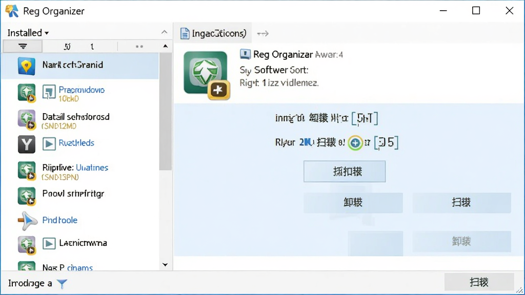 软件卸载管理界面,画面展示 Reg Organizer 的程序列表窗口,左侧为已安装软件列表,右侧为选中软件的详细信息与残留扫描按钮,布局为左右分栏,风格为清爽扁平化设计,细节包含软件图标、占用空间数字、卸载按钮,画质高清,画面干净无冗余元素