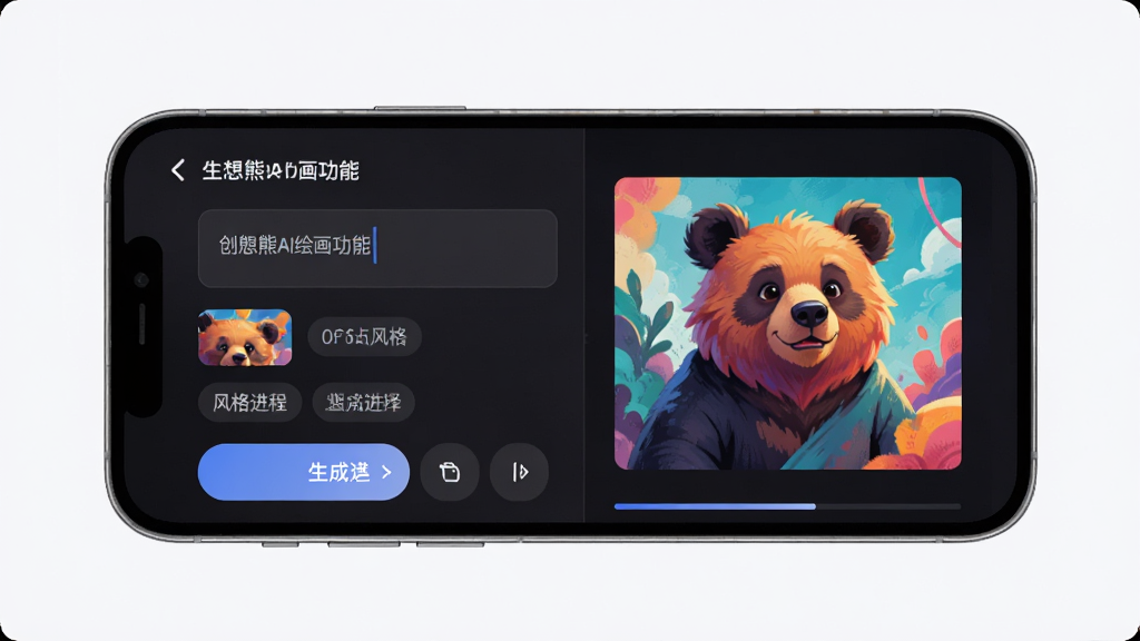 创想熊AI绘画功能界面,主体为手机屏幕显示文字输入框和风格选择按钮,布局为左侧输入区右侧预览区,排版为上下结构,风格为现代科技感UI,细节包括生成的彩色画作缩略图、风格标签、生成进度条,画质高清,干净,无多余元素