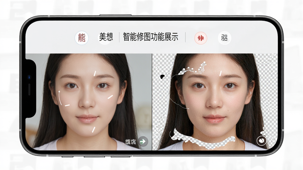 创想熊智能修图功能展示,主体为手机屏幕显示前后对比的修图效果,布局为左右分屏对比,排版为上下标题加对比图,风格为清新简约风,细节包括美颜前后的人像、抠图后的透明背景棋盘格、增强画质后的清晰纹理,画质高清,干净,无多余元素
