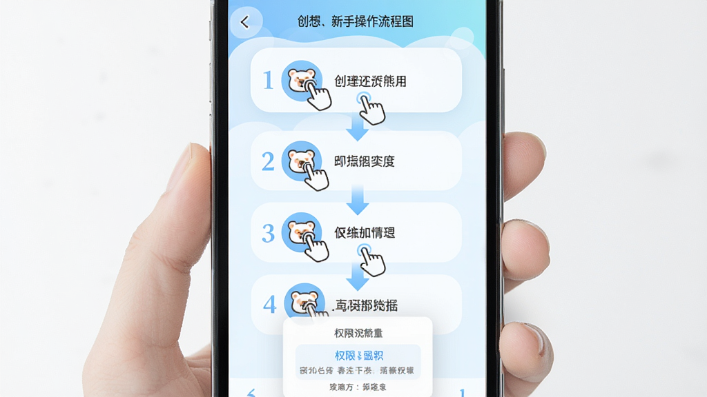 创想熊新手操作流程图,主体为手机屏幕显示四个操作步骤,布局为从上到下依次排列,排版为步骤编号加图标加文字说明,风格为清新指引风,细节包括手指点击图标、箭头引导、权限弹窗示意,画质高清,干净,无多余元素
