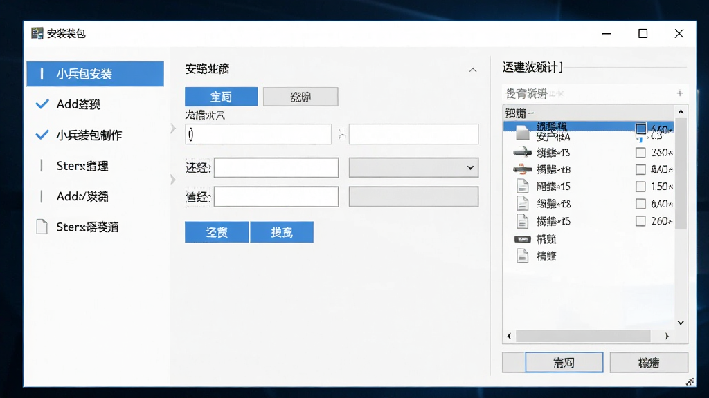 一张展示小兵安装包制作工具软件主界面的图片,画面中央是简洁的向导式操作窗口,左侧有清晰的步骤导航栏,右侧显示添加文件和设置安装选项的面板,整体布局干净整齐,风格为现代简约的Windows桌面应用界面,细节包括按钮、输入框和文件列表,画质清晰,干净无多余元素