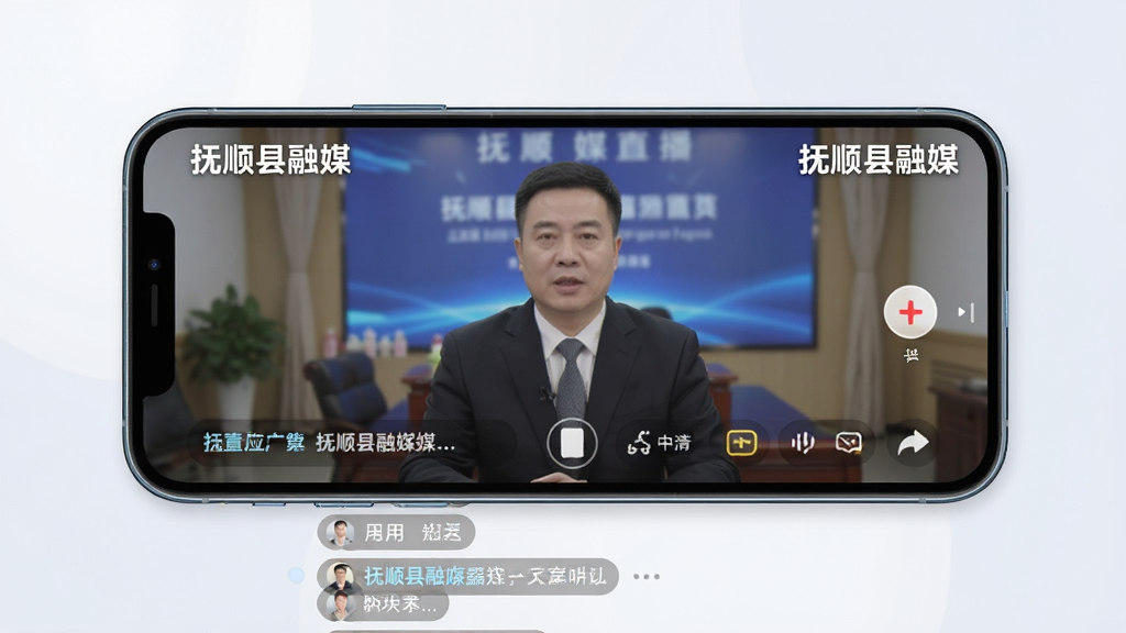 一张抚顺县融媒直播互动页面的AI生成图,画面主体是手机横屏播放直播画面,下方有评论区滚动显示用户留言,布局采用上下结构,风格现代动感,细节上屏幕角落有“抚顺县融媒”文字,画质清晰,干净,无多余元素
