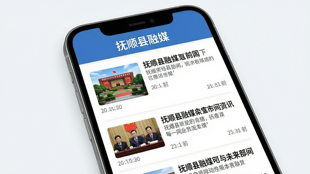 一张抚顺县融媒新闻资讯页面的AI生成图,画面主体是手机屏幕展示新闻列表,每条新闻配有缩略图和时间标签,布局采用上下滑动式排版,风格简洁明快,细节上屏幕顶部有“抚顺县融媒”文字,画质清晰,干净,无多余元素