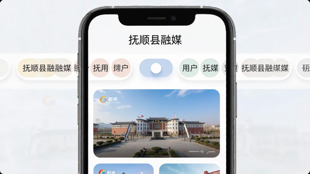 一张抚顺县融媒频道订阅页面的AI生成图,画面显示手机屏幕中多个频道标签横向排列,用户可点击切换,布局采用顶部标签栏加下方内容区,风格柔和圆角,细节上屏幕顶部有“抚顺县融媒”文字,画质清晰,干净,无多余元素