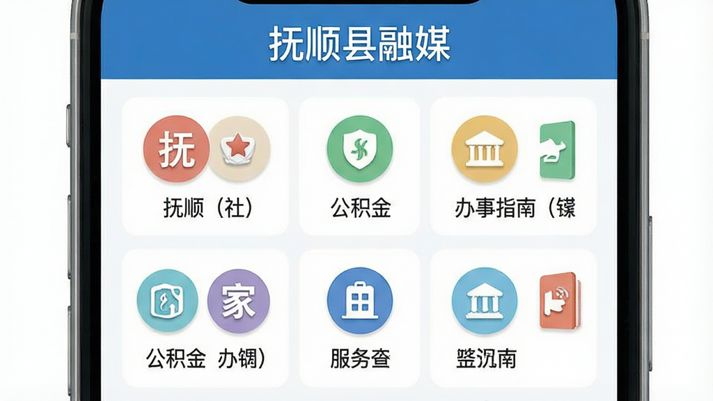 一张抚顺县融媒政务办事功能页面的AI生成图,画面显示手机界面中排列着多个服务图标,如社保、公积金、办事指南等,图标设计统一,布局采用网格状排版,风格清新浅色,细节上屏幕上方有“抚顺县融媒”文字,画质清晰,干净,无多余元素