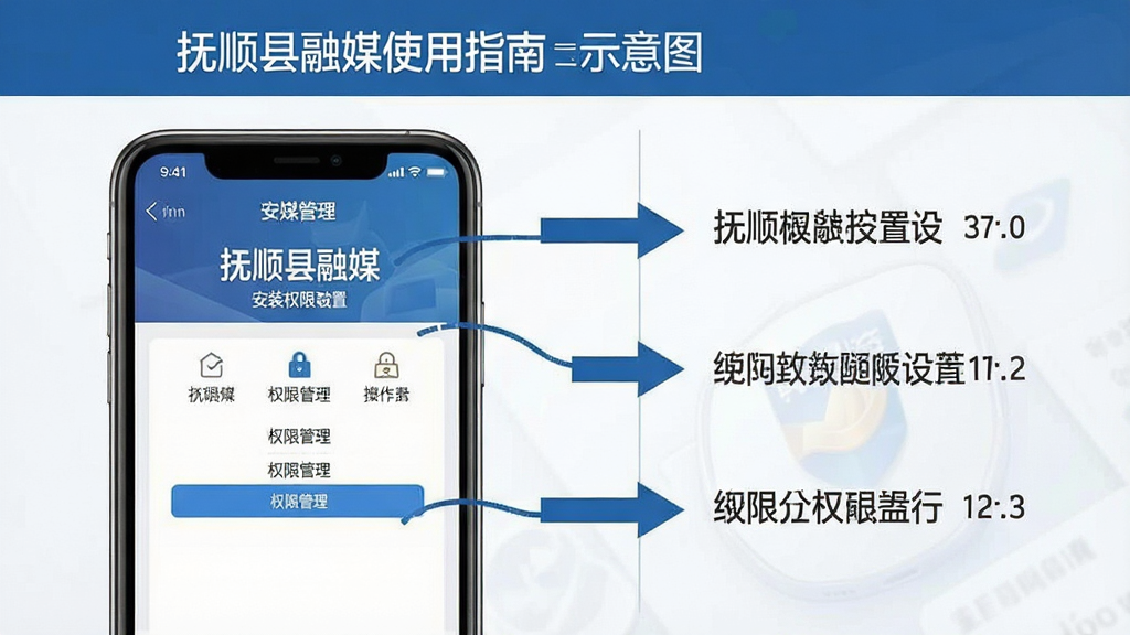 一张抚顺县融媒使用指南示意图,画面主体是手机屏幕展示安装权限设置界面,旁边有箭头标注操作步骤,布局采用左右分栏排版,风格简洁商务,细节上屏幕内文字包含“抚顺县融媒”和“权限管理”,画质清晰,干净,无多余元素