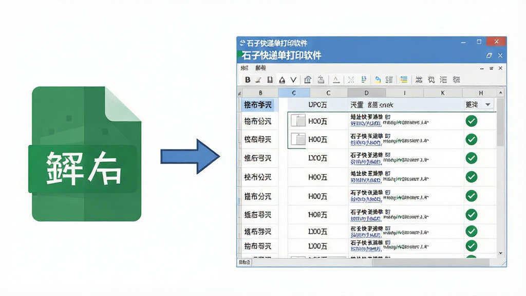 一张展示“石子快递单打印软件”批量导入功能的图片,画面中左侧是Excel表格文件图标,一条箭头指向右侧的软件界面,界面中显示多行订单数据正在被自动解析,地址字段旁有绿色对勾标记,整体风格简洁明快,采用扁平化设计,画质清晰,无多余装饰