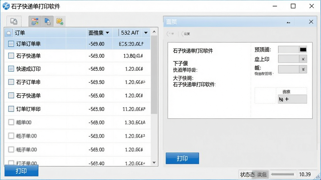 一张软件界面截图风格的图片,画面中央是“石子快递单打印软件”的主操作窗口,左侧为订单列表区域,右侧为面单预览区域,底部有打印按钮和状态栏,整体布局清晰,采用浅灰色和蓝色为主色调,界面干净整洁,文字清晰可辨,画质细腻,无多余元素
