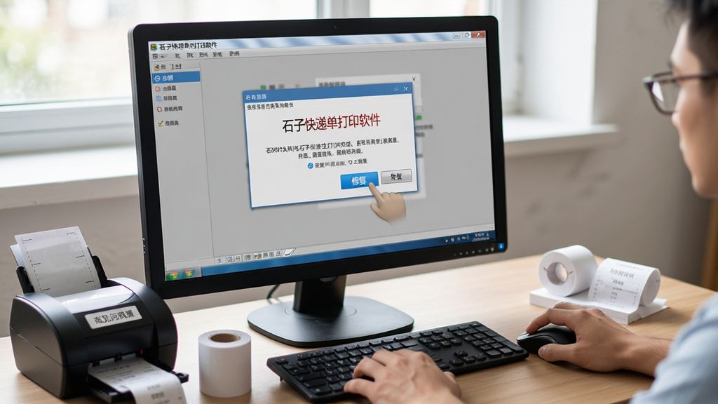 一张展示“石子快递单打印软件”常见问题解决流程的图片,画面中电脑屏幕上显示软件的错误提示弹窗,旁边有双手正在操作鼠标点击“修复”按钮,桌面上放着标签打印机和面单纸,整体场景真实,光线自然,画质清晰,无多余元素