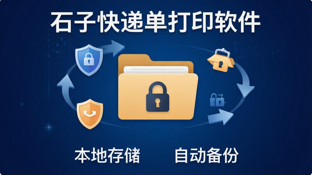 一张展示“石子快递单打印软件”数据安全功能的图片,画面中央是一个带锁的文件夹图标,周围环绕着盾牌和备份箭头符号,下方有“本地存储”和“自动备份”字样,背景为深蓝色渐变,风格稳重,画质清晰,无多余装饰