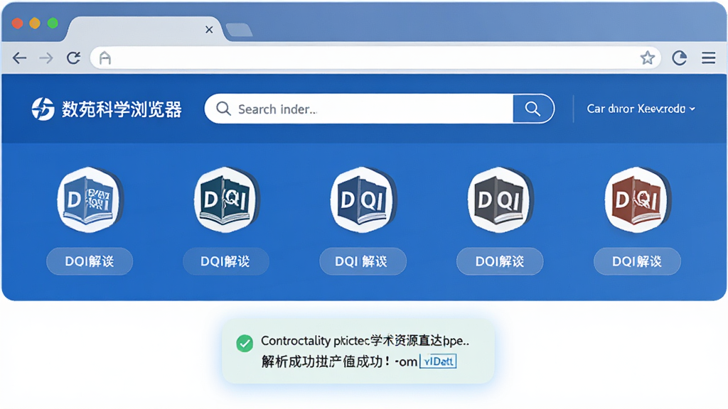 一张以数苑科学浏览器学术资源直达功能为主题的AI生成图片,画面主体为浏览器界面,界面中排列着多个学术数据库图标和DOI解析按钮,布局为横向排列加重点高亮,排版清晰有序,风格为扁平化科技蓝,细节包含搜索框、数据库logo、解析成功提示,画质高清,干净,无多余元素