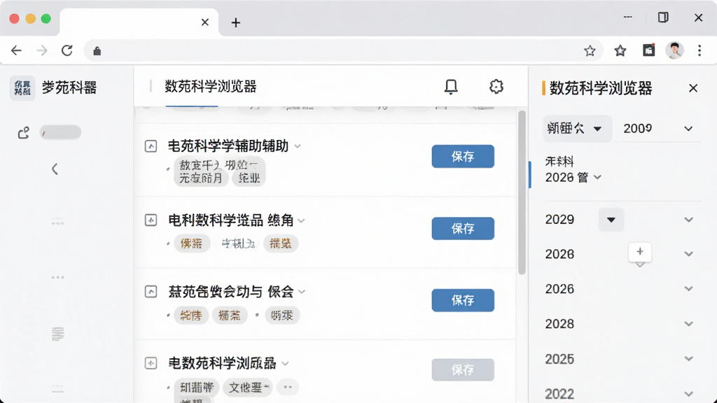 一张展示数苑科学浏览器文献管理辅助工具的AI生成图,主体为浏览器侧边栏展开的文献列表面板,布局为左侧浏览器主页面右侧侧边栏面板,排版紧凑,风格为清爽浅色系,细节包含文献条目、标签分类、保存按钮、年份筛选器,画质清晰,干净,无多余元素