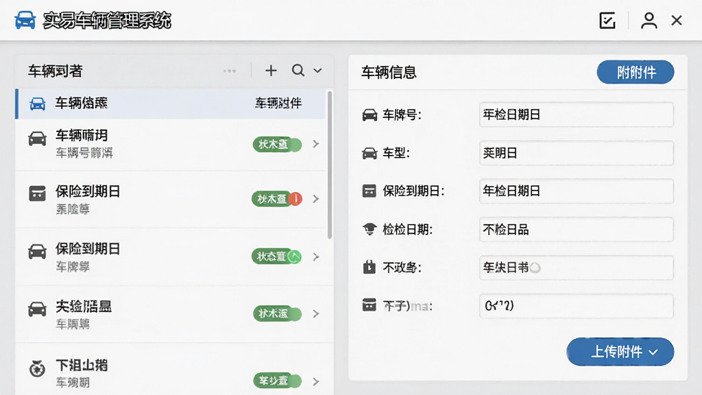 画面主体为“实易车辆管理系统”的车辆档案管理界面,布局左侧为车辆列表,右侧为车辆详细信息面板,展示车牌号、车型、保险到期日、年检日期等字段,排版整齐,风格为简洁商务风,细节包括图标、状态标签、附件上传按钮,画质清晰,干净,无多余元素