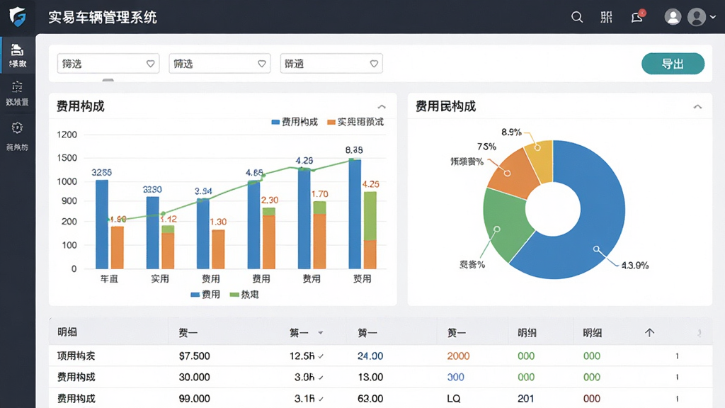 画面展示“实易车辆管理系统”的费用统计报表页面,布局上方为筛选条件,中间为柱状图和饼图展示费用构成,下方为明细表格,风格为数据分析商务风,细节包括图表颜色区分、数值标注、导出按钮,画质清晰,干净,无多余元素
