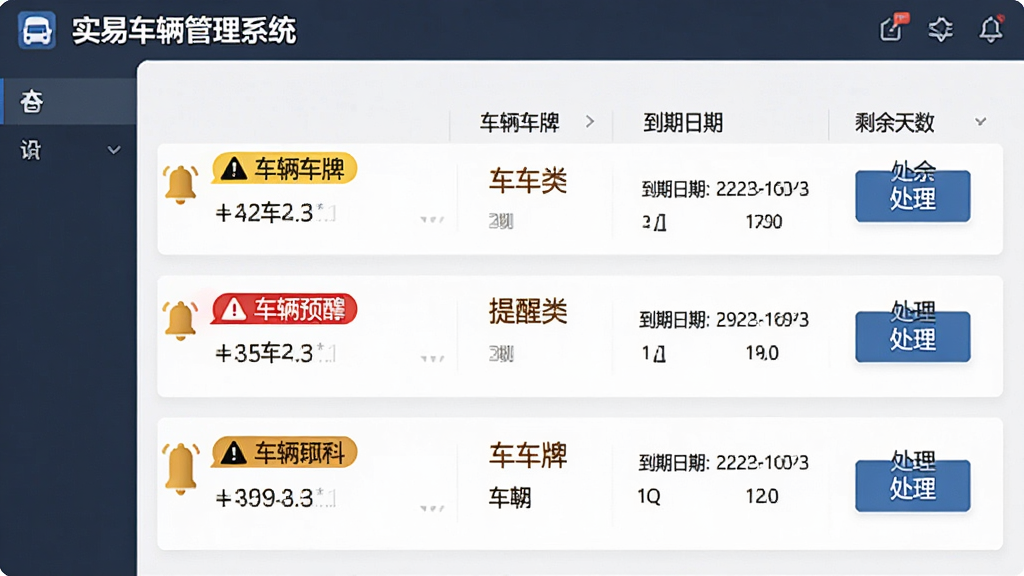 画面展示“实易车辆管理系统”的提醒预警中心界面,布局为列表形式展示多条预警信息,每条信息包含车辆车牌、提醒类型、到期日期和剩余天数,风格为警示提示风,细节包括黄色和红色预警标签、铃铛图标、处理按钮,画质清晰,干净,无多余元素