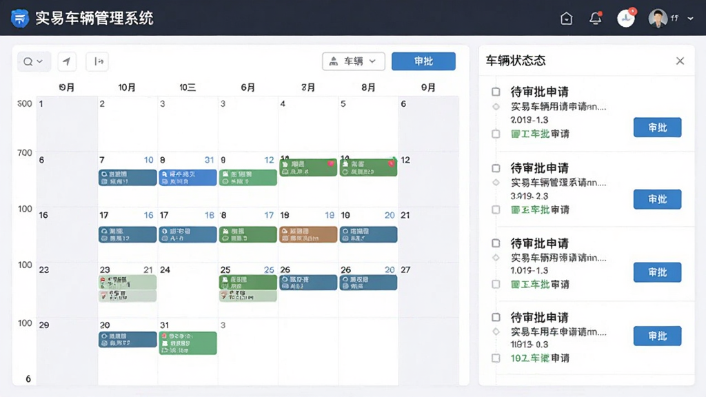 画面展示“实易车辆管理系统”的调度派车模块,布局为日历视图与车辆状态列表并排,日历上标注多个派车任务,右侧显示待审批用车申请,风格为现代办公风,细节包括时间轴、状态色块、审批按钮,画质清晰,干净,无多余元素