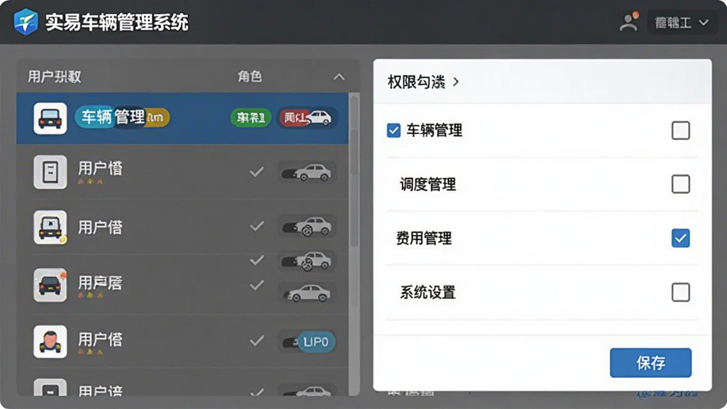 画面展示“实易车辆管理系统”的用户权限设置界面,布局左侧为用户列表,右侧为权限勾选面板,包含车辆管理、调度管理、费用管理、系统设置等权限项,风格为简洁管理后台风,细节包括角色标签、复选框、保存按钮,画质清晰,干净,无多余元素