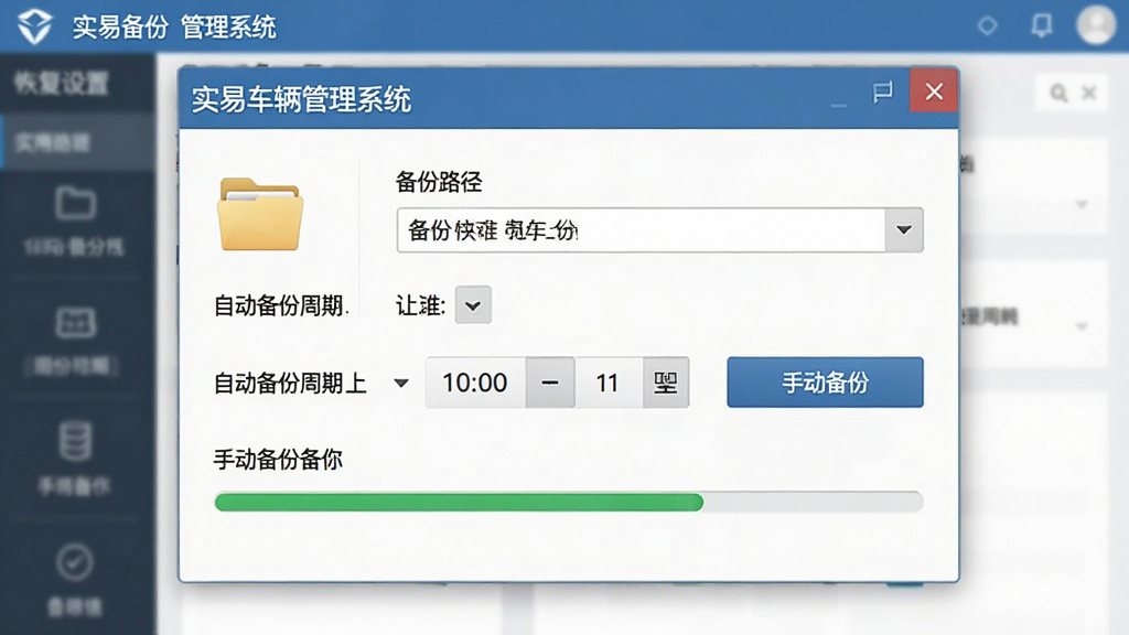 一张展示“实易车辆管理系统”数据备份与恢复功能的界面截图,画面主体为备份设置窗口,包含备份路径选择、自动备份周期、手动备份按钮等选项,布局简洁,风格为实用工具风,细节包括文件夹图标、时间选择器、进度条,画质清晰,干净,无多余元素