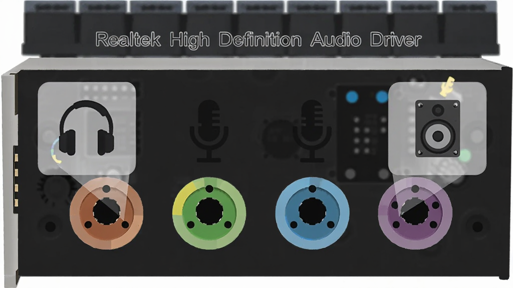 电脑主板后置音频接口特写,六个彩色圆孔排列整齐,旁边悬浮着半透明的设备识别图标,包括耳机、麦克风、音箱,画面中央上方用英文标注