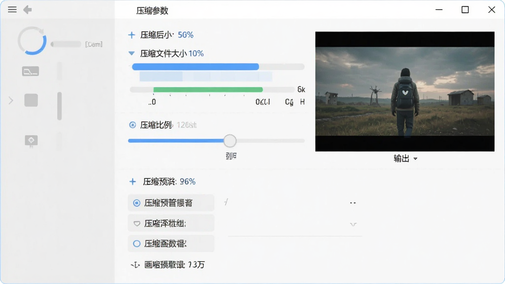 嗨格式视频转换器视频压缩功能界面,主体为压缩参数设置面板,布局包含压缩前后文件大小对比条、压缩比例滑块、输出预览窗口;排版纵向排列,风格为清爽浅色系,细节包含进度百分比、压缩预设选项,画质高清,干净无多余元素