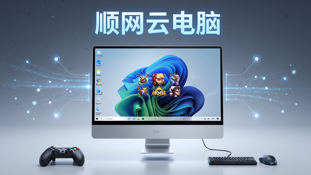 顺网云电脑软件主界面全貌展示,主体为一台悬浮在空中的银色超薄云端电脑主机,屏幕中显示Windows桌面与游戏图标,布局采用居中对称构图,排版上软件名称