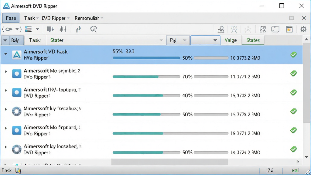 Aimersoft DVD Ripper 批量转换任务队列界面,主体为软件主窗口中的任务列表区域,布局为多行任务条目显示进度与状态,排版规整,风格为简约商务风,细节包含进度百分比、剩余时间与完成标记,画质清晰,干净,无多余元素