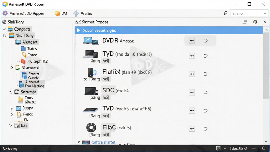 Aimersoft DVD Ripper 功能展示图,主体为软件界面中输出格式选择面板,布局左侧为格式分类树,右侧为具体预设列表,排版整齐,风格为扁平化设计,细节包含设备图标与格式后缀文字,画质清晰,干净,无多余元素
