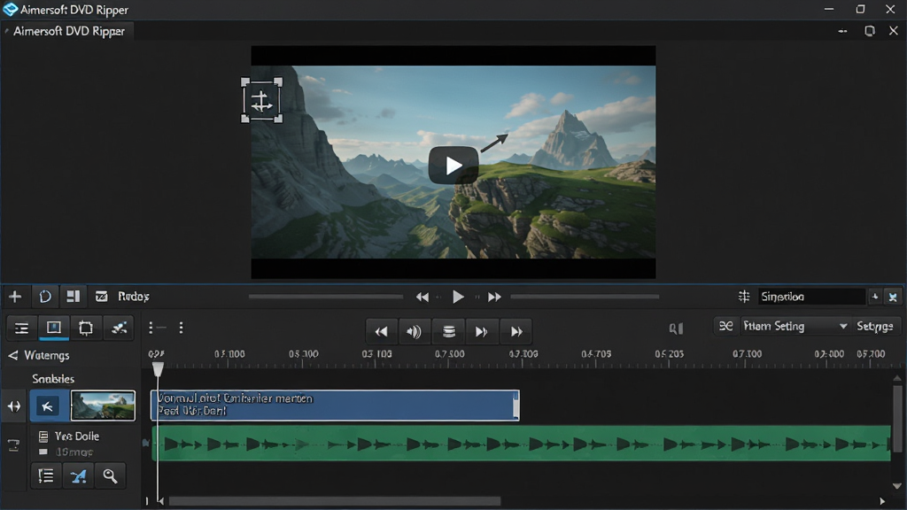 Aimersoft DVD Ripper 视频编辑功能界面,主体为软件中的剪辑窗口,布局上方为视频预览区,下方为时间轴与剪辑工具按钮,排版紧凑,风格为深色专业软件界面,细节包括裁剪框、字幕轨道与水印设置选项,画质高清,干净,无多余元素