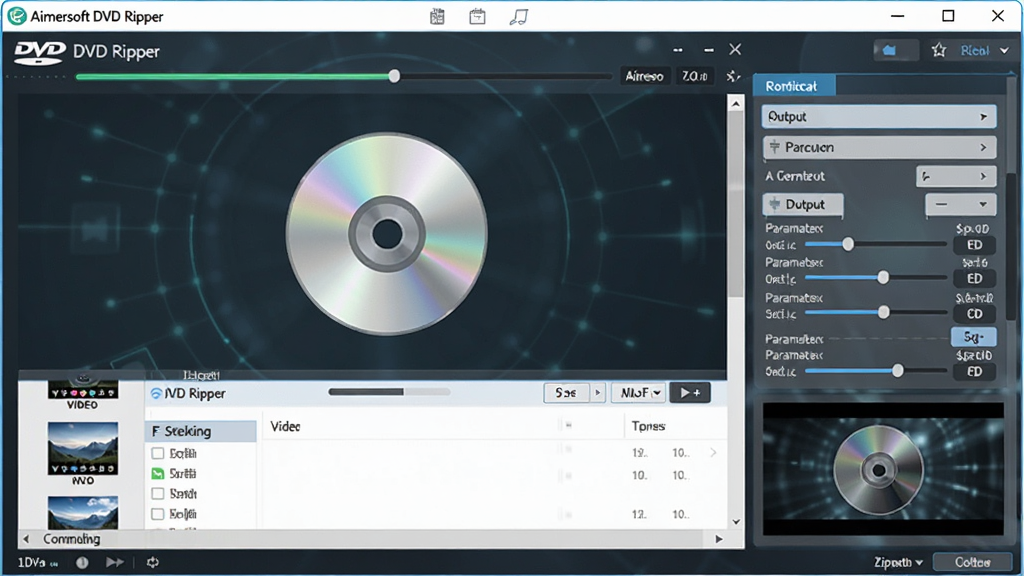 Aimersoft DVD Ripper 软件界面展示,主体为电脑屏幕上的软件操作窗口,布局中央为 DVD 光盘图标与视频文件列表,右侧为输出格式选择菜单,排版简洁清晰,风格为现代科技感 UI 设计,细节包括进度条、参数设置滑块与预览小窗,画质高清,干净,无多余元素