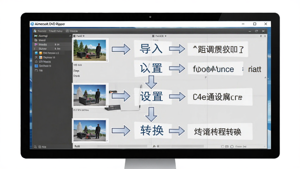 Aimersoft DVD Ripper 使用教程示意图,主体为电脑屏幕上的软件操作步骤截图,布局为分步流程图形式,排版从上到下依次展示导入、设置、转换三个环节,风格为简洁教学风,细节包含箭头指引与文字标注,画质清晰,干净,无多余元素