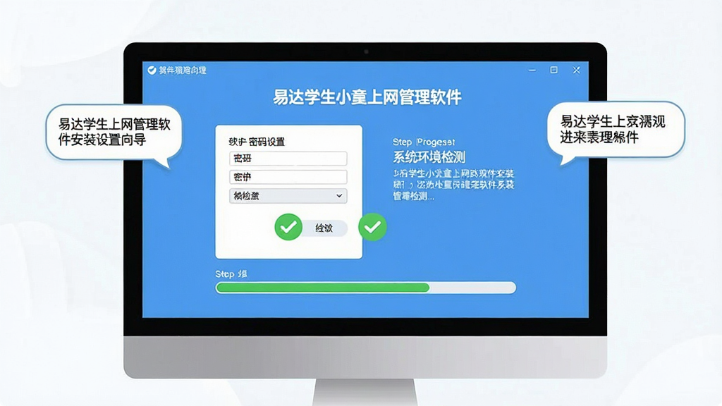 一张展示易达学生小孩上网管理软件安装设置向导的界面图,画面中电脑屏幕显示密码设置与系统环境检测步骤,界面简洁友好,有绿色对勾表示检测通过,周围有安装进度条与提示气泡,风格清爽,画质清晰,干净无多余元素