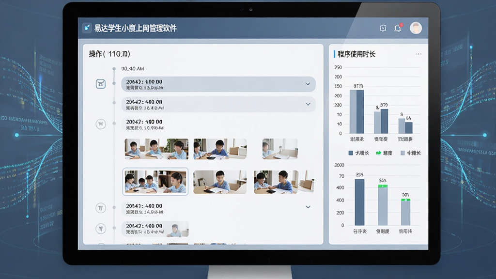 一张展示易达学生小孩上网管理软件行为记录功能的界面截图,画面中电脑屏幕显示时间轴形式的操作日志与缩略图截图,右侧有统计图表展示各类程序使用时长占比,界面风格现代简洁,以蓝灰色调为主,周围有数据流动的视觉元素,画质高清,干净无多余元素