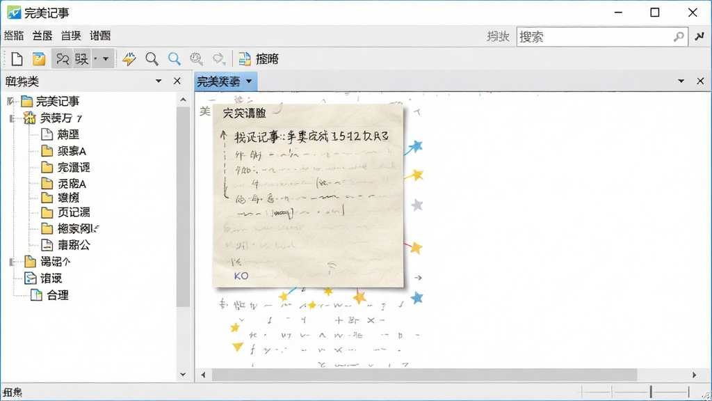 一张干净整洁的Windows电脑桌面截图,画面中央是“完美记事”软件的主界面,左侧为分类目录树,右侧为笔记编辑区域,界面采用浅色主题,顶部有搜索框,整体排版简洁清晰,风格为真实软件截图质感,细节包括菜单栏、工具栏图标、便签纸张纹理,画质清晰,干净,无多余元素