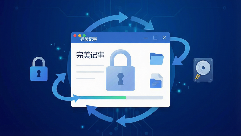 一张体现数据安全与自动保存概念的图片,画面中央是“完美记事”软件窗口,窗口上有一把半透明的安全锁图标,周围环绕着自动保存的环形箭头和硬盘图标,背景为深蓝色科技感渐变,布局对称,风格为扁平化科技插画,细节包括加密锁、保存进度条、文件图标,画质清晰,干净,无多余元素