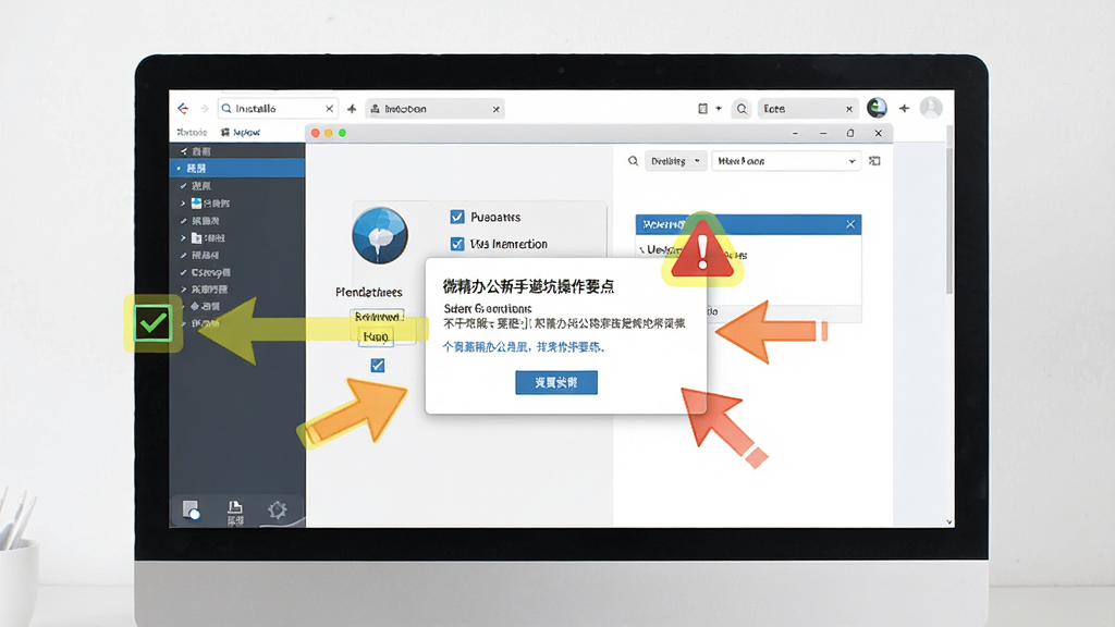 一张展示微精办公新手避坑操作要点的图片,主体为电脑屏幕上显示软件安装界面与提示弹窗,布局为居中构图,排版清晰,风格为教程示意风,细节包括高亮标注的勾选框、警告图标与操作箭头,画质高清,画面干净,无多余元素。