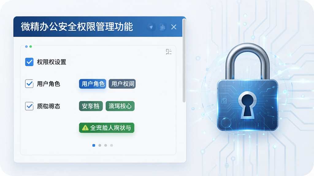 一张展示微精办公安全权限管理功能的图片,主体为权限设置面板与加密锁图标,布局为左右分栏,排版规整,风格为安全科技风,细节包括权限勾选框、用户角色标签与加密状态提示,画质高清,画面干净,无多余元素。