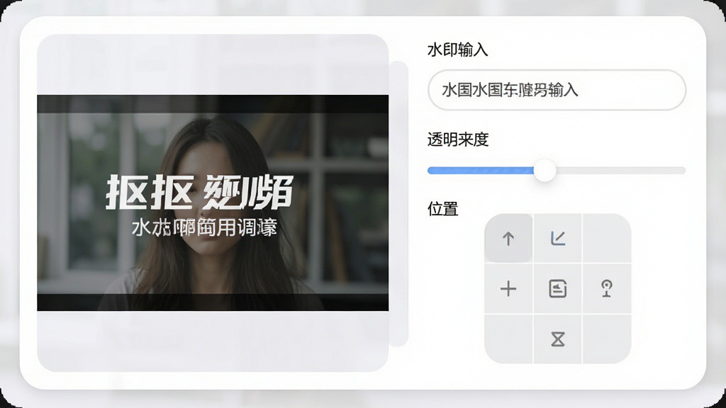 一张抠抠视频秀水印设置界面的特写图,主体是水印参数调整面板,布局为左侧预览、右侧设置项,排版整齐,风格为柔和圆角,细节包括文字水印输入框、透明度滑块、位置九宫格选择器,画质清晰,干净无多余元素