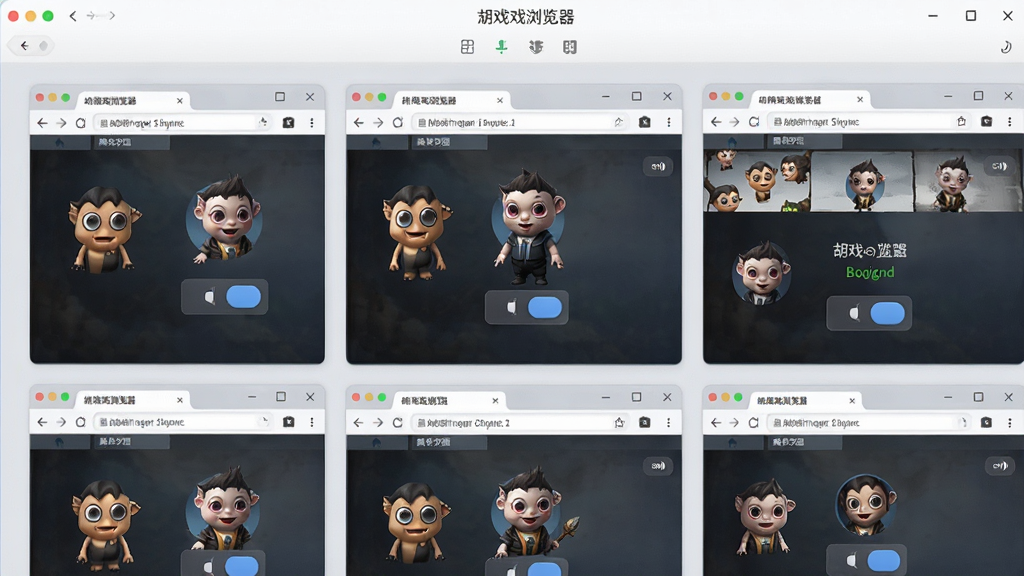 胡巴游戏浏览器多账号管理界面,画面展示多个并排的浏览器窗口,每个窗口显示不同游戏角色登录状态,布局整齐,风格简洁商务,细节包括账号头像、切换按钮、独立标签,画质高清,干净无杂乱元素