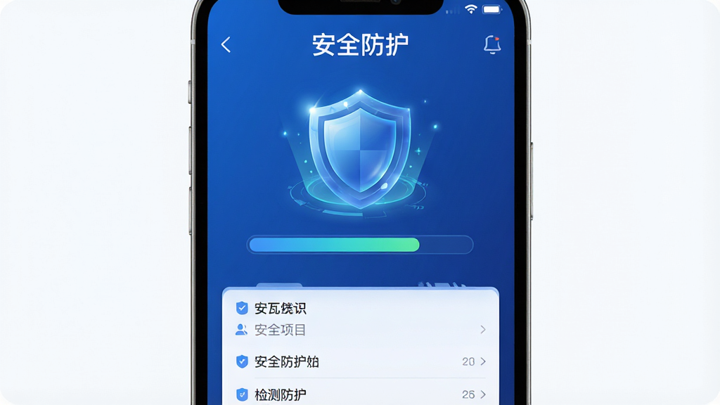 主体:安瓦App安全防护功能界面,布局:界面中央显示盾牌图标与安全检测进度条,排版:上方为“安全防护”标题,下方为检测项目列表,风格:蓝色科技感UI风格,细节:盾牌图标带有微光效果,画质:高清、干净、无多余元素