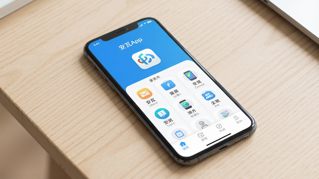 主体:一部智能手机屏幕中央展示“安瓦App”主界面,界面干净简洁,布局:手机居中放置于浅色桌面,排版:屏幕内容清晰可见,风格:现代扁平化UI风格,细节:界面包含功能图标与文字标签,画质:高清、干净、无多余元素