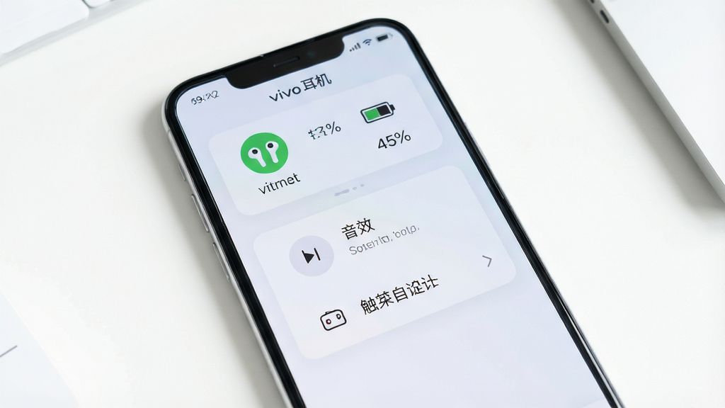 一张展示智能手机屏幕的图片,屏幕中央显示“vivo耳机”App的主界面,界面采用简洁的浅色设计,顶部有耳机连接状态图标和左右耳机电量百分比,中部有音效设置和触控自定义菜单,背景是干净的白色桌面,风格为现代科技感,细节清晰可见图标和文字排版,画质高清,画面干净,无多余元素